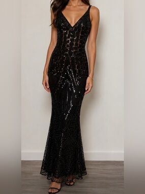 Black Sequin V-Neck Evening Dress
